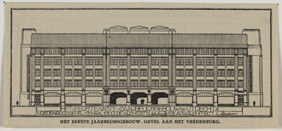 214843 Opstand van de voorgevel van het eerste Jaarbeursgebouw op het Vredenburg te Utrecht.